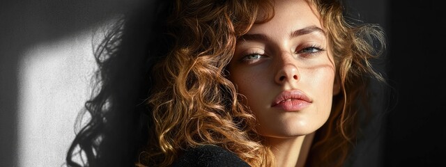 Fototapeta premium Dramatic split lighting portrait of a model with curly hair showcasing shadows and moody ambiance indoors with ample copy space for text