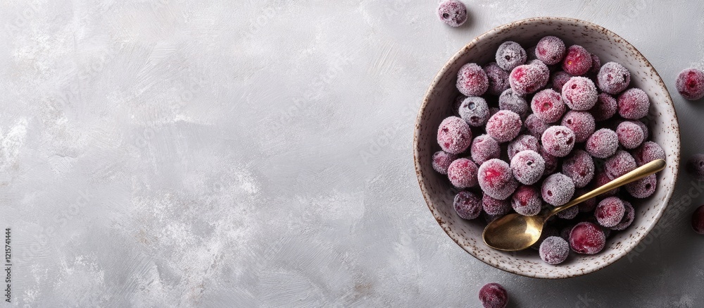 Poster bowl of frozen blueberries with a small spoon on a textured surface showcasing empty space for text 