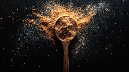 Wooden spoon, spice powder burst, dark background, food photography