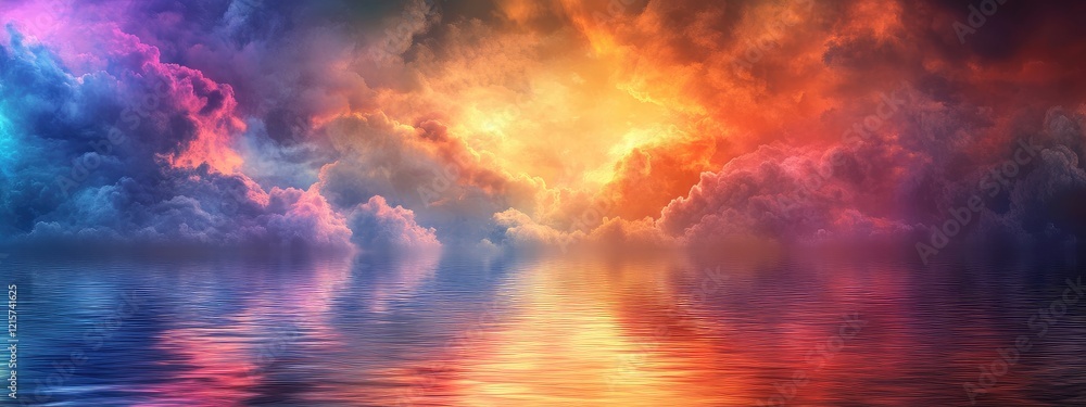 Poster vibrant sunset sky with rich oranges blues and purples reflecting on calm water surface creating ser