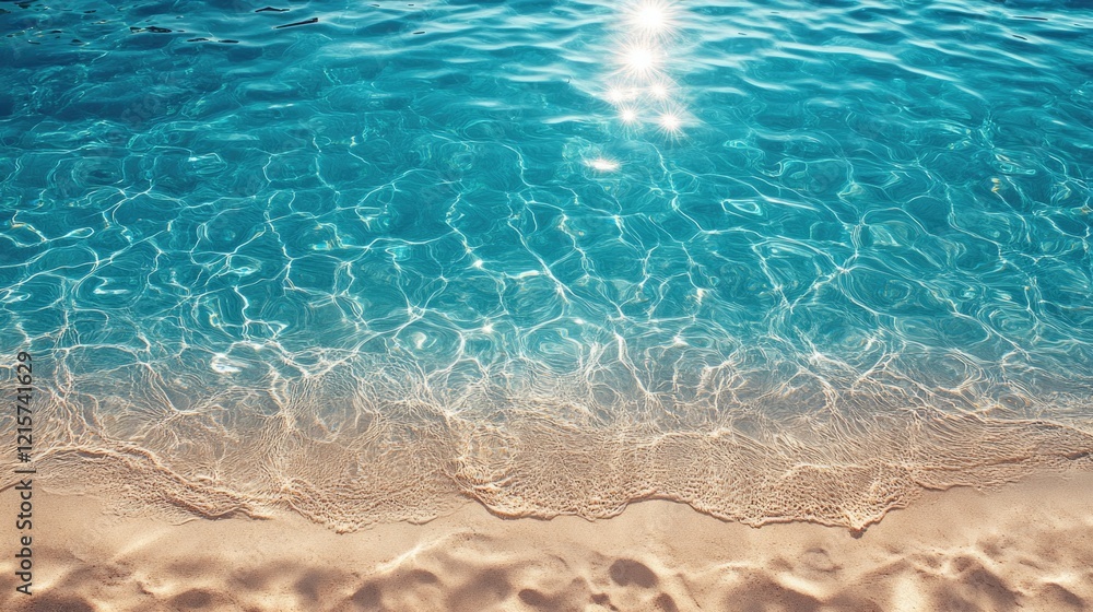 Poster aquamarine water ripples with sunlight reflections on sandy beach creating a serene backdrop for spr
