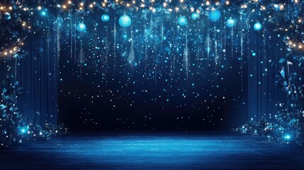 Enchanting blue-themed Christmas stage with glowing decorations and sparkling night background creating a festive winter atmosphere.