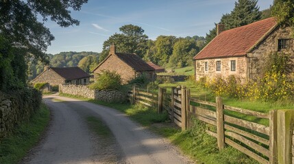 Obraz premium Stone Cottages Rural Roadside Countryside Scene
