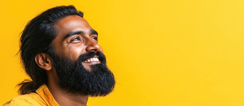 Cheerful bearded Indian man against yellow background looking up with natural scenery in mind ideal for uplifting ads and inspirational content