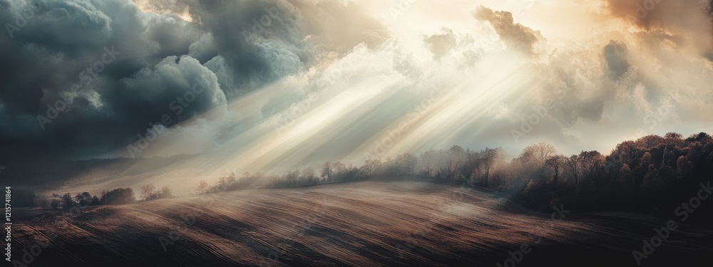 Poster dramatic cloudscapes illuminate farmland at twilight showcasing layered patterns and ample copy spac