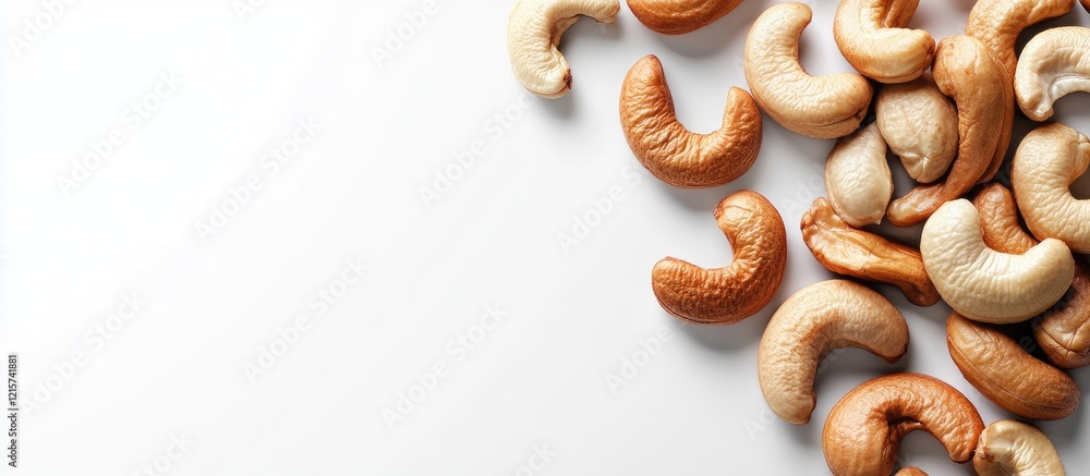 Poster Cashew Nuts Arrangement on White Background with Empty Space for Text in Horizontal Format Ideal for Low Resolution Content Needs