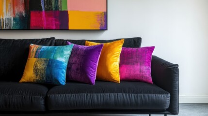 Scandinavian minimalist living room with black sofa and vibrant cushions accented by abstract art and empty space for text or branding.
