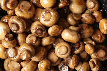 Texture of roasted mushrooms on dark background, closeup