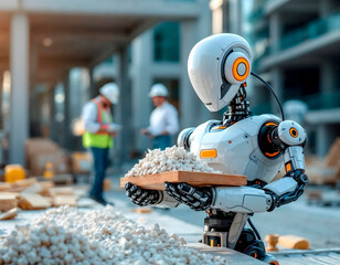 A construction robot lifting materials at a modern construction site.