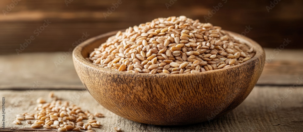 Poster nutritious multigrain breakfast bowl with fresh seeds placed on rustic wooden table and ample empty 