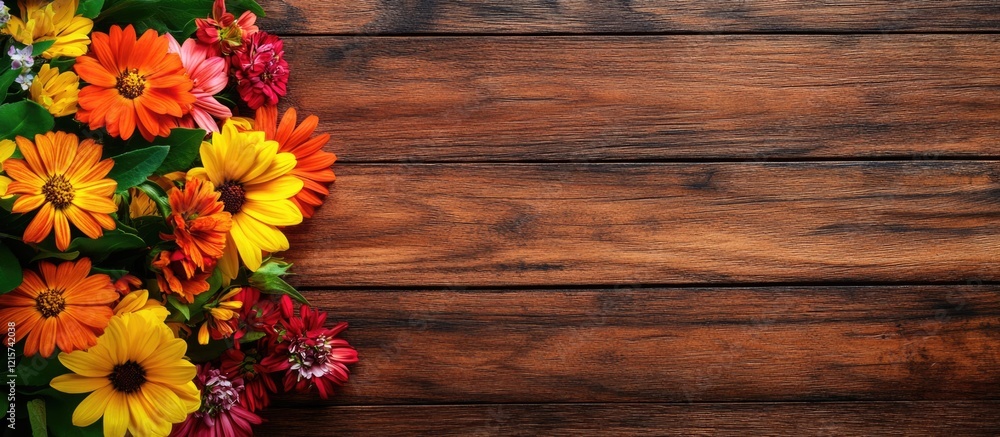 Poster vibrant spring flower bouquet on rustic wooden table with ample empty space for text or design eleme