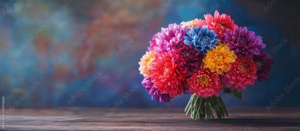 Poster vibrant chrysanthemum bouquet on wooden table with colorful background and empty space for text and 