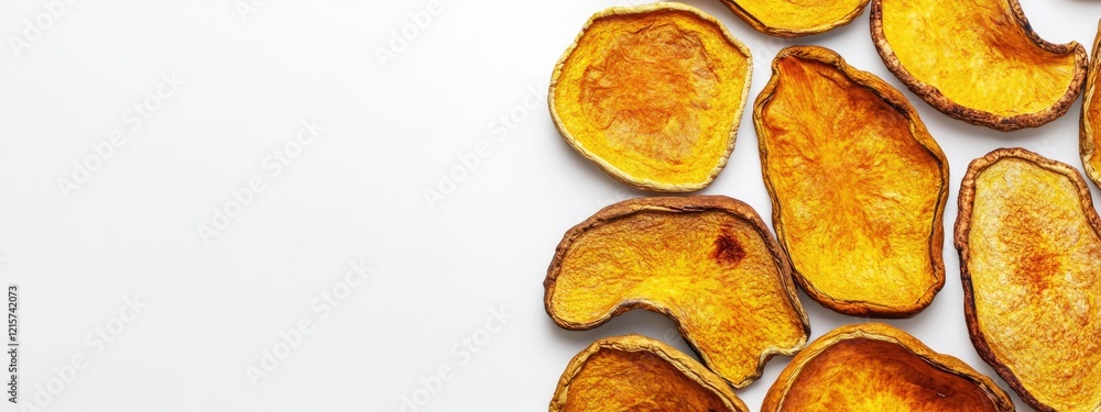 Poster dried squash slices on a white background showcasing their texture and color with a blank space for 