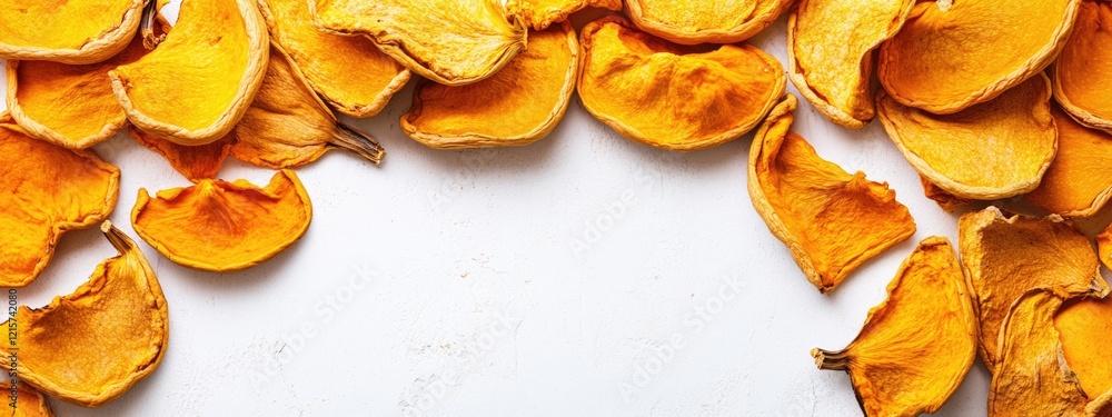 Poster dried squash slices creatively arranged on a white background with empty space for text for culinary
