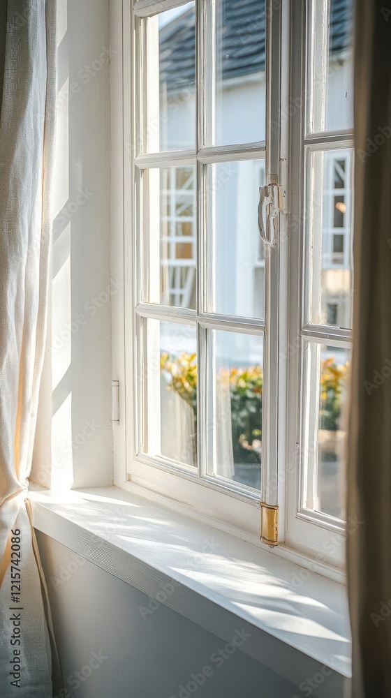 Poster sunlight streams through a white windowpane illuminating sheer curtains