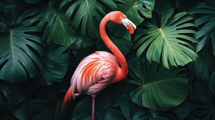 Fototapeta premium Tropical backdrop featuring a pink flamingo surrounded by lush palm leaves with ample empty space for text and design elements.