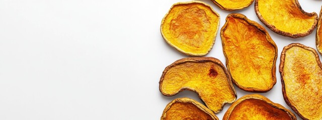 Dried squash slices on a white background showcasing their texture and color with a blank space for text or design elements