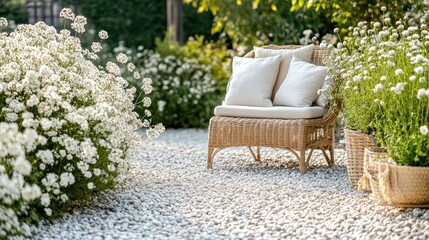 Cottage chic garden seating with soft pillows surrounded by white gypsophila flowers on pebble pavement for cozy home decor