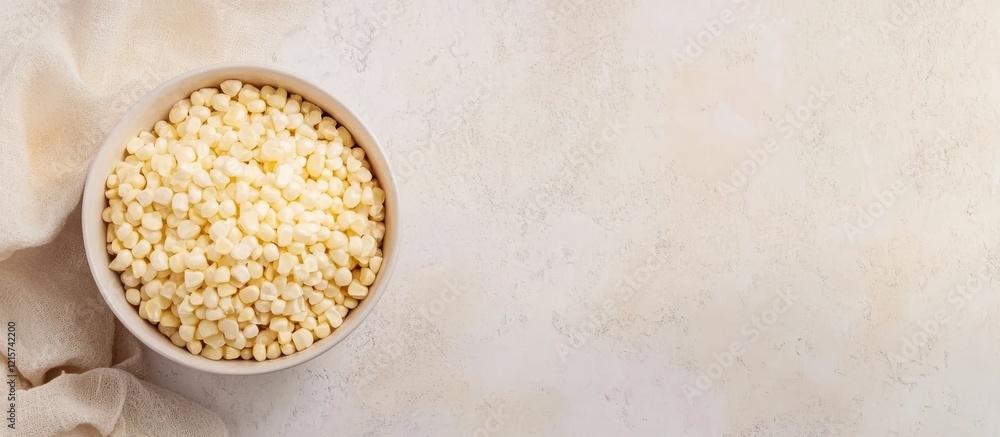 Aufkleber bowl of raw corn kernels on a neutral backdrop with ample empty space for culinary text or recipe id
