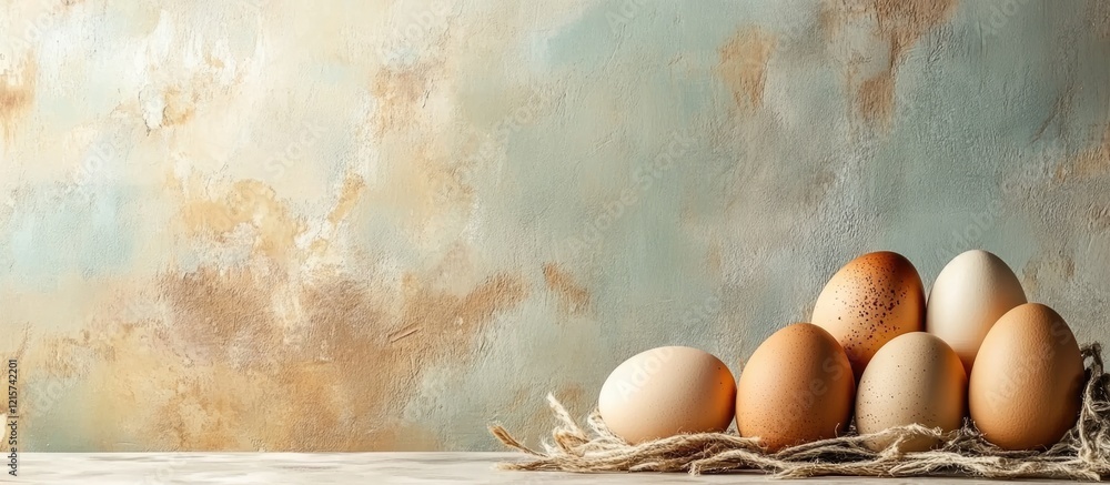 Aufkleber fresh farm eggs arranged on a rustic table with a soft earthy background ideal for springtime or cul