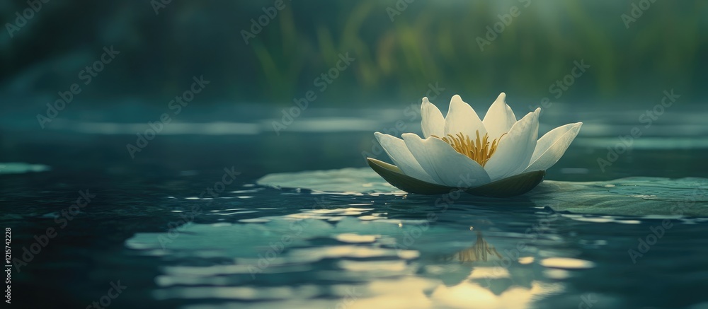 Poster tranquil floating lotus flower on serene water surface with soft reflections and ample copyspace for