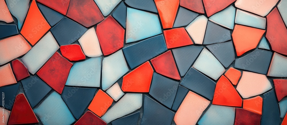 Poster colorful abstract mosaic tile pattern with vibrant ceramic pieces and ample empty space for text or 