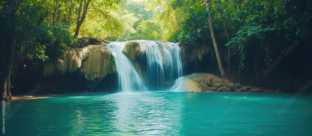 Poster serene waterfall cascading into turquoise pool surrounded by lush green forest with blank space for 
