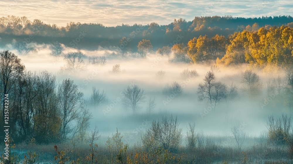 Poster misty morning landscape with fog and autumn trees creating a serene atmosphere perfect for backgroun
