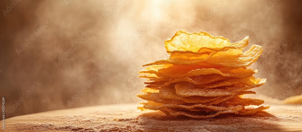 Poster crispy golden potato chips stacked on a wooden surface with soft lighting and empty space for text i