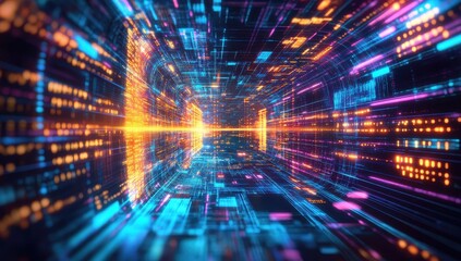 Fototapeta premium Abstract Cyberpunk Digital Tunnel: Glowing Neon Lights and Futuristic 3D Data Visualization