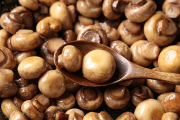 Wooden spoon with roasted mushrooms in frying pan, closeup