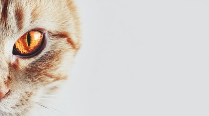 Close up of a ginger cat with striking orange eyes showcasing a fierce expression and ample copy space for text or graphics