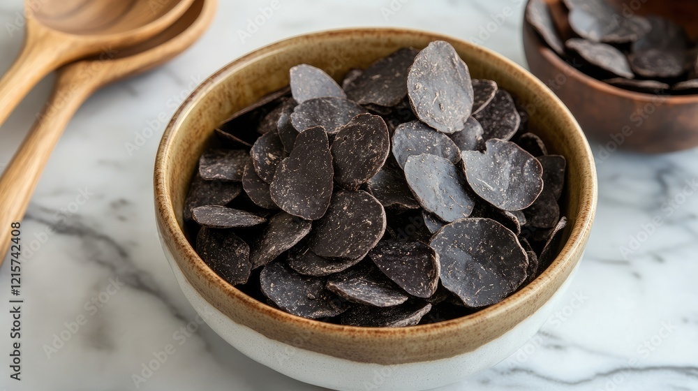 Poster macro shot of a bowl overflowing with glossy black truffle chips made from truffles and dark cocoa, 