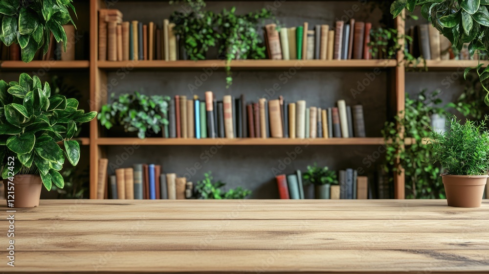 Poster wooden table with bookshelves and green plants in modern library setting empty space for text high q