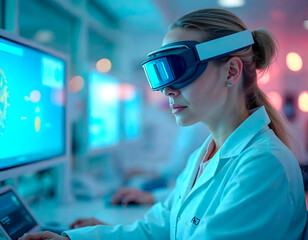 Scientists working with a central AI hub illuminated by blue lights, in a modern and tech-driven style.