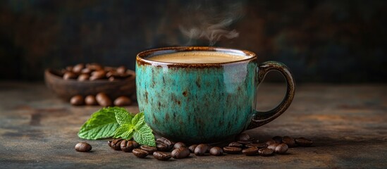 Elegant ceramic coffee cup with steam surrounded by coffee beans and mint on rustic background perfect for branding or promotional content