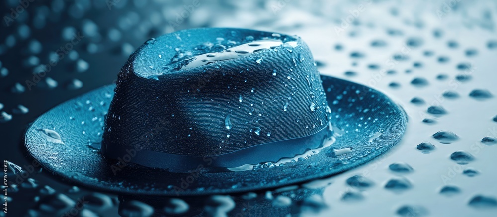 Poster steel blue hat with water droplets on an abstract background featuring empty copyspace for customiza