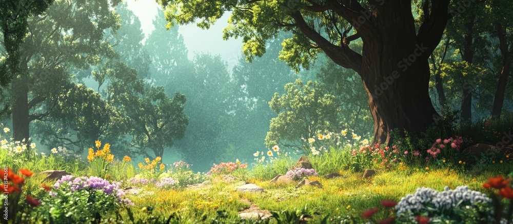 Poster serene spring landscape in a vibrant forest with colorful flowers and ample copyspace for text or pr