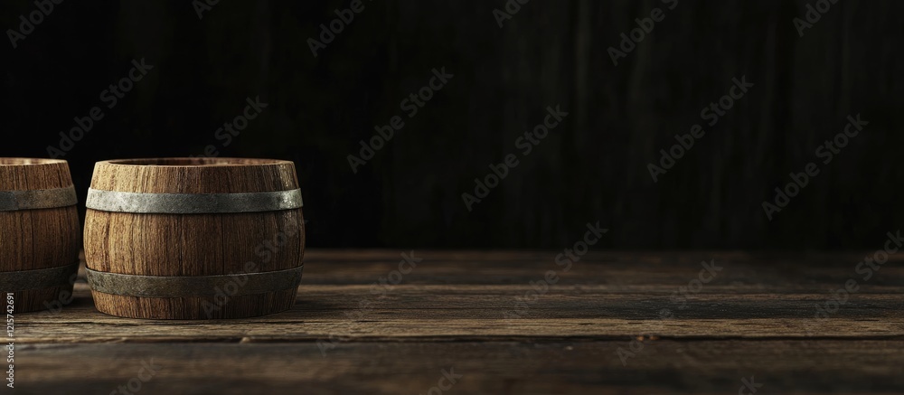 Aufkleber whiskey barrel still life rustic wooden casks in a tasting room with empty space for text on dark ba
