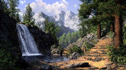 Serene Waterfall in Mountainous Landscape
