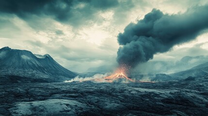 Fototapeta premium Active volcano erupting with ash and flowing lava in a dramatic landscape featuring empty space for text or graphics.