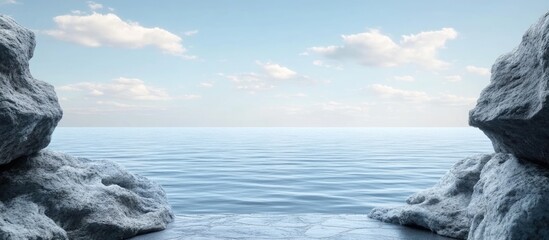 Serene coastal view through rocky formations with tranquil sea and clear sky ideal for text overlay or travel promotions.