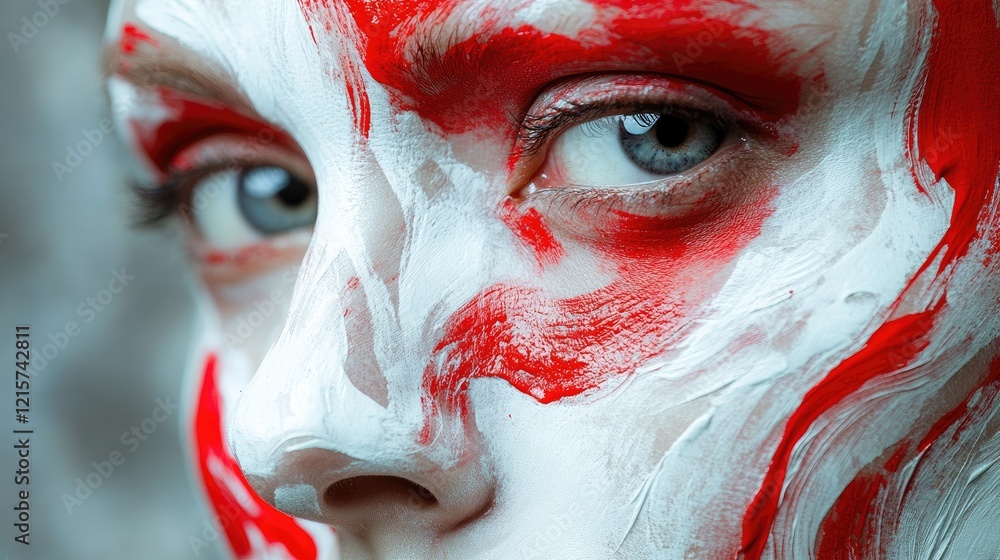 Poster close up of a painted face featuring intricate white and red designs highlighting artistic expressio