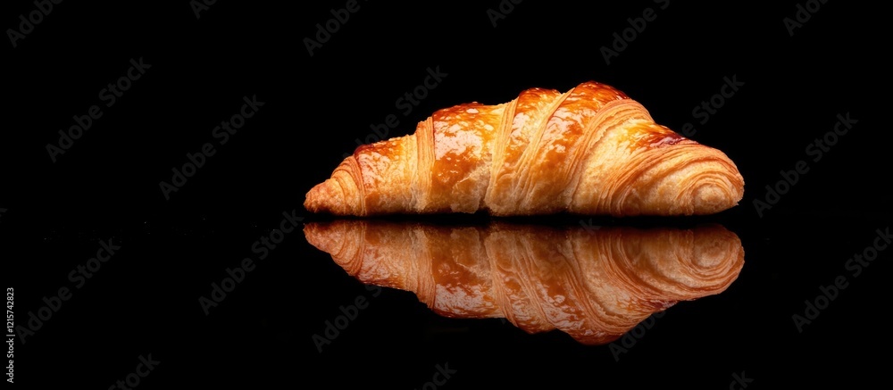 Aufkleber bitten croissant on a reflective surface isolated on black background with empty space for text or b