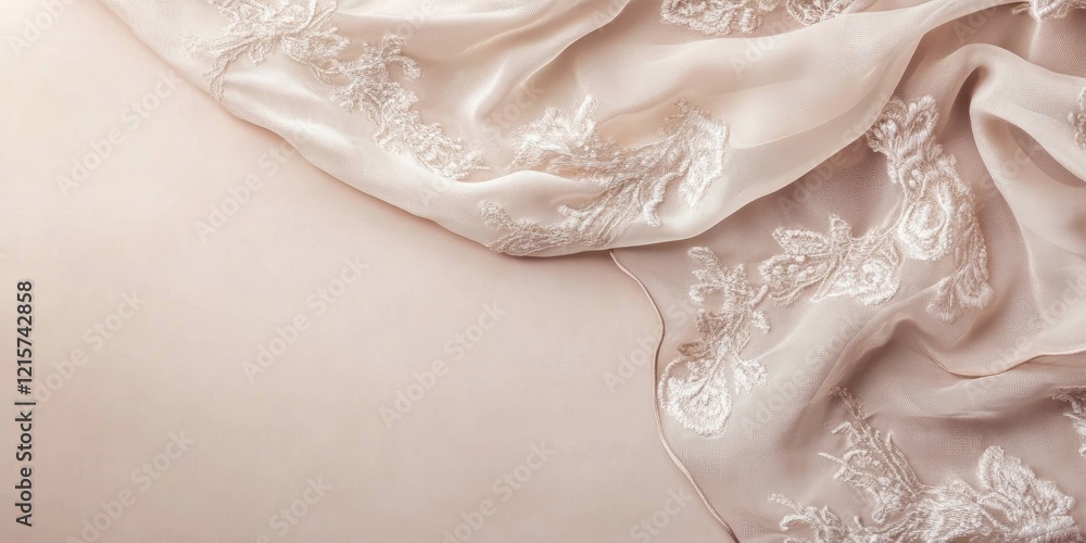 Poster delicate fine fabrics with intricate embroidery showcasing soft colors and ample copy space for text