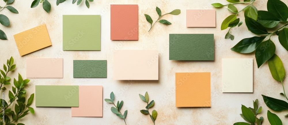 Poster eco-friendly business cards in earth tones with a minimalist design and nature-inspired themes featu