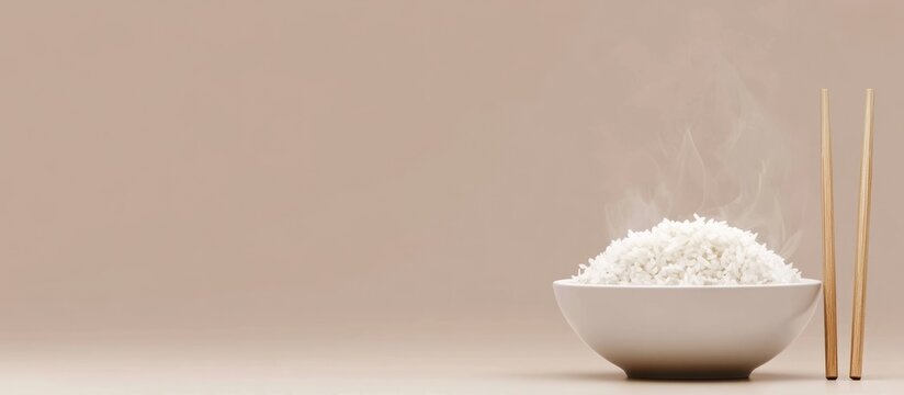 Steaming bowl of white rice with chopsticks on a neutral background perfect for culinary or lifestyle advertising and text placement
