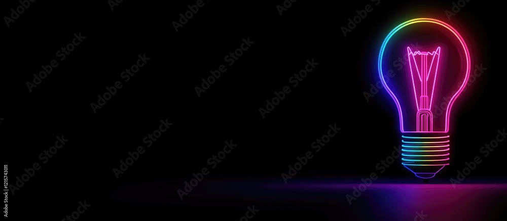 Poster vibrant neon wireframe light bulb design on dark background with ample copyspace for text or brandin