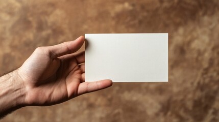 Obraz premium Male hand holding a blank notepad against a textured brown backdrop with ample copy space for text and creative design.