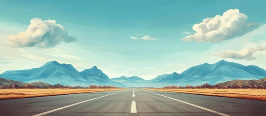 Fototapeta premium Airport runway with mountain backdrop under clear blue sky ideal for aviation and travel themes featuring ample copyspace for text